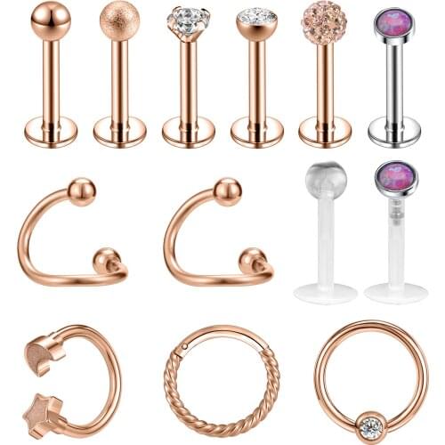 ZS 16G Stainless Steel Nose Ring Crystal Helix Tragus Earring Opal Stone Lip Labert Studs Women Body Piercing Set 10-13pcs/Lot