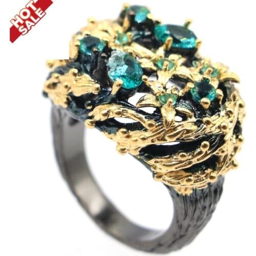 25x19mm 12.4g Unique Bohemia Design Created Aquamarine Gift For Women Amazing Jewelry Dating Girls Black Gold Silver Rings