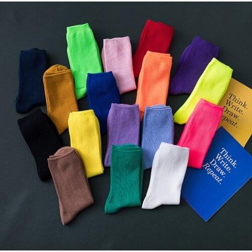 New Cotton Womens Casual For Spring Pure Color Fluorescent Fashion Soft Breathable Socks 5 Pair