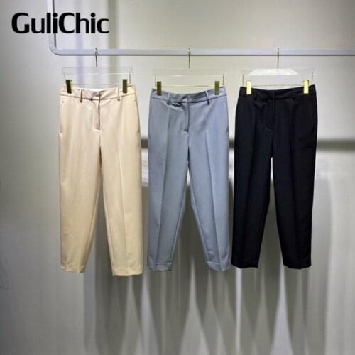 9.2 GuliChic High Quality Women Comfortable Breathable Temperament High Waist Straight Pants