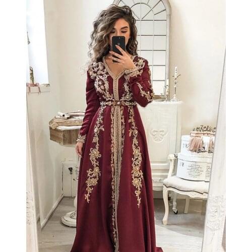 Burgundy Moroccan Caftan Muslim Evening Dresses Embroidery Long Sleeve Dubai Formal Party Gowns Robe De Soiree