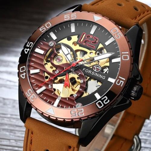 Men Watches Top Brand Fashion Design luxury Leather Strap Stainless Steel Bezel Automatic Mechanical Watch Relogio Masculino