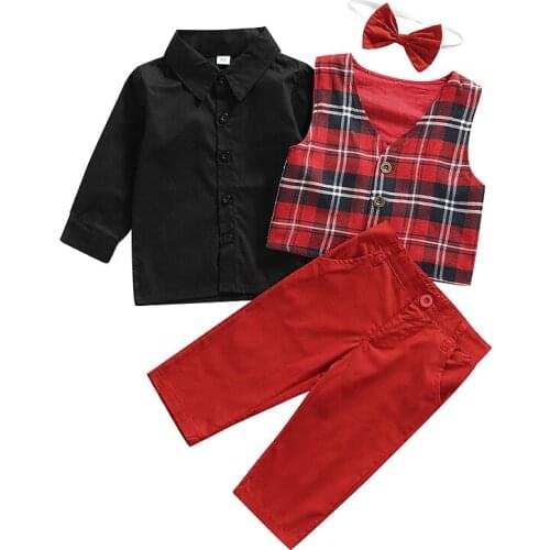 4Pcs Baby Boys Gentleman Clothes Sets Infant Long Sleeve Solid Shirts + +Bow tie + Plaid Vest + Pants Christmas Outfits 0-3Y