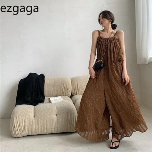 Ezgaga Vintage Rompers Women Jumpsuits Sleeveless Summer Thin Elegant Fashion Wide Leg Loose Long Trouser Loose Korean Casual