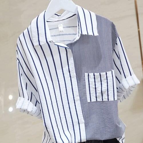 Patchwork Striped Pocket Women Cotton Shirts Summer New 2021 Turn-Down Collar Straight Casual Female Outwear Tops Oversized 4XL
