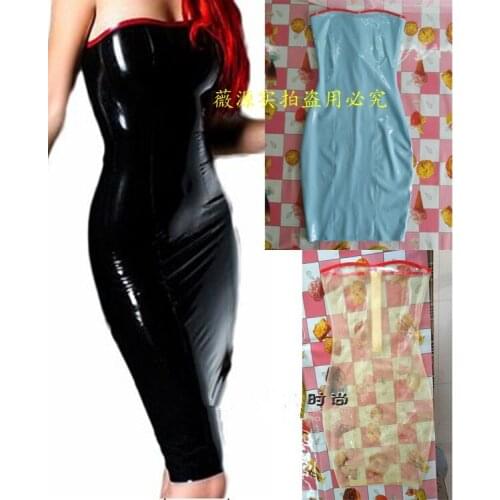 Sexy Women Black Latex Dress Strapless Fetish Tight Knee Length with Back Zipper