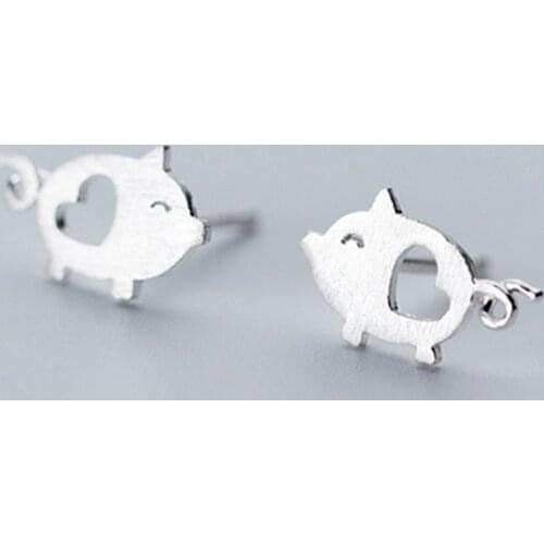 Real 925 Sterling Silver Jewelry Fashion Cute Tiny 1.2cmX0.75cm Hollow Heart Pig Stud Earrings Gift For Girls Kids Lady