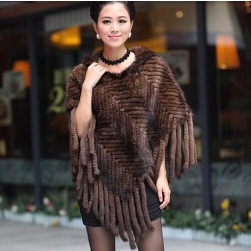 Fashion Women Fur Shawl Winter Knitted Real Mink Fur Stole With Fur Hood Knitted Mink Poncho Pashmina