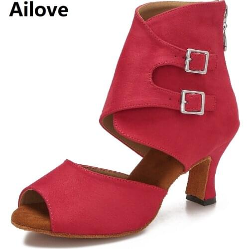 Ailove Women Ballroom Latin Dance Boots Lady`s Salsa Professional Dancing Shoes Red Suede Social Danc Sandals S039