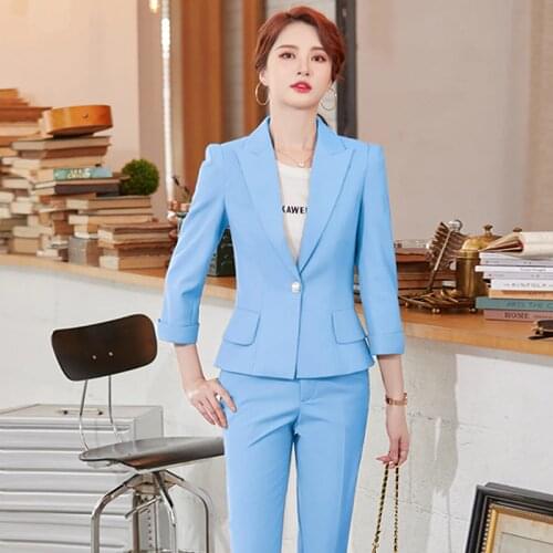 Formal Uniform Designs Pantsuits Spring Fall Half Sleeve Professional Business Work Wear Blazers Female Trousers Set