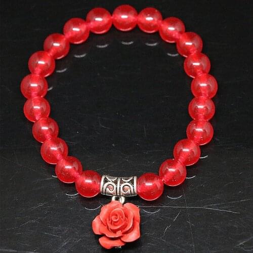 Girls red natural stone chalcedony jades 8mm bracelet round beads flower pendant birthday gift special diy jewelry 7.5inch B1411