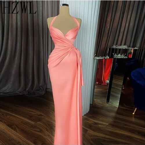 2020 Coral Satin Prom Dresses Halter Mermaid Draped Top Formal Evening Dresses 2020 Customized Cheap Party Gowns vestidos