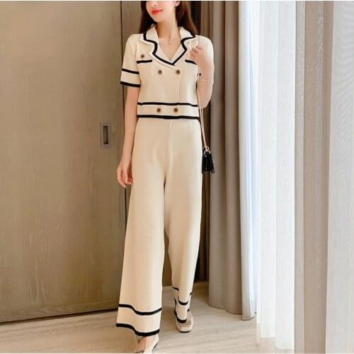 2021 New Summer Elegant Knitted 2 Piece Set Women Double Breasted Short Sleeve Lapel Cardigan Wide Leg Pants Suits Female