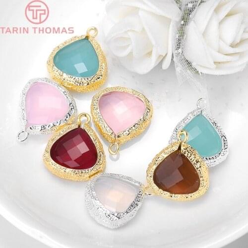 4PCS 15.7x19x6MM 24K Champagne Gold Color or Silver Color Brass with Heart Colourful Glass Beads Charms Pendants Accessories