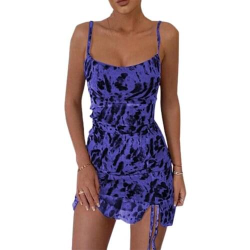 80% HOT SALES!! Sexy Women Dress Spaghetti Straps Low Cut Drawstring Ruched Tie Dye Mini Bodycon Dress for Party