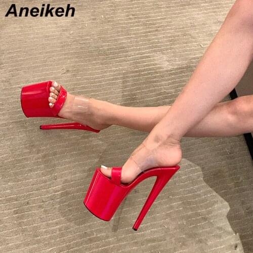 Aneikeh Summer Fashion PVC Modern Slippers Peep Toe Thin Heels Shallow Sexy Party Rome Classics Shoes For Women 2021 NEW Outside