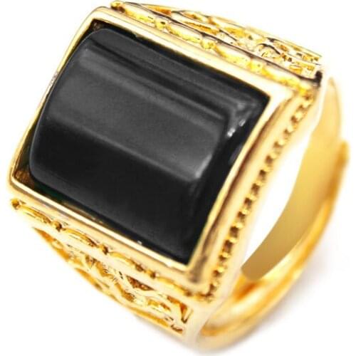 Noble Men Ring Gold Color Black Stone Square Finger Ring Jewelry Resizable 7 to 11