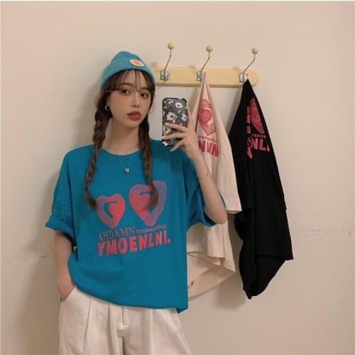 Summer New Korean Style Loose Love Heart Print Short-sleeved T-shirt for Women