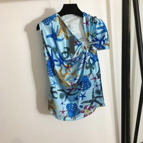 Summer Womens Fashion print irregular Short sleeves T-shirts Top C340