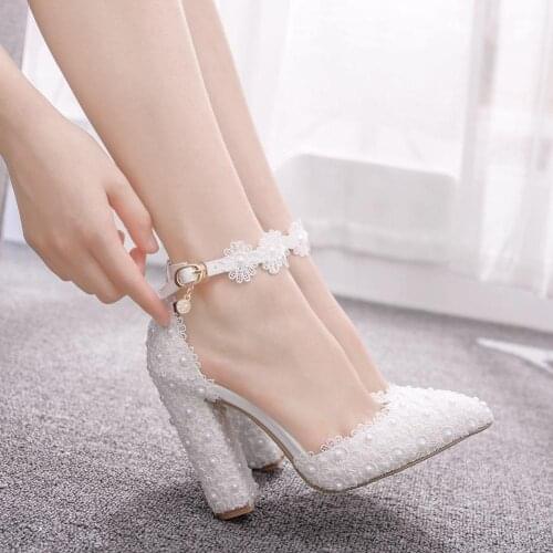 Lace pointed toe womens single shoes 2021 spring shallow mouth thick heel high heels bride bridesmaid wedding sandals plus size