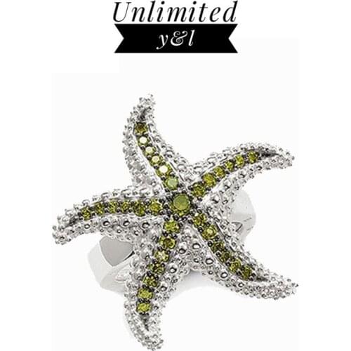 Animal Starfish Cocktail Rings Green Cubic Zirconia Silver Fashion Jewelry for Women and Men Eternity Love Gifts