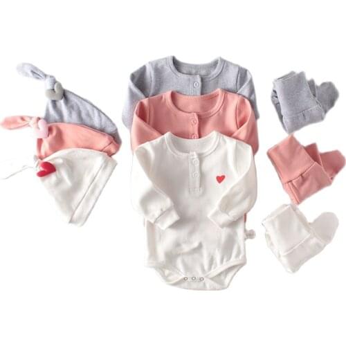 Korean Rompers 0-2y Autumn Newborn Baby Clothes Girls Long Sleeve Baby Jumpsuit+pants+hat 3pcs Baby Girls Lovely Outfits Clothes