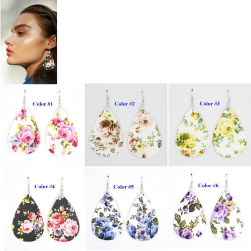 Nice Teardrop Earrings Rose Flower Printed Leather Earrings Lightweight Leather Bohemian Earrings For women ladies young girls