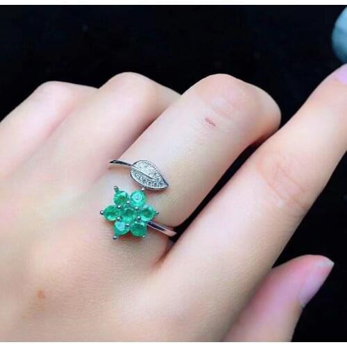 Fashion Emerald Ring for Party 7 Pieces 3mm Natural Emerald Silver Ring 925 Silver Size Adjustable Ring Silver Flower Ring