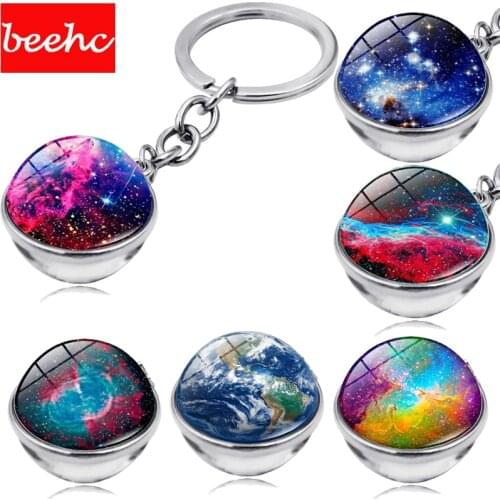 Trendy galaxy glass ball keychain key ring pendant gift for women men Univers Solar System planet Moon keychain car key chain