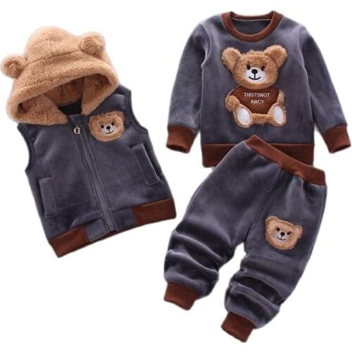 Autumn Winter Children Clothes Set New Girls Kids Cotton Thick Fleece Hoodies Vest Pants 3pcs Suit For Boys Warm Cute Outfit