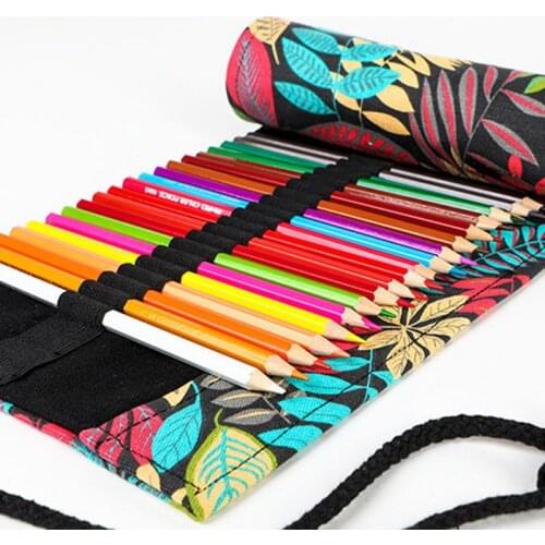 Tree Leaf 12/24/36/48/72 Holes Canvas Roll Pen Curtain Pencil Bag Case Makeup