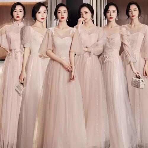 Bridesmaids Dresses Illusion V-Neck Short Embroidery Pearls Lace Tulle Floor-Length Luxury Vintage Women Wedding Party Gown E482