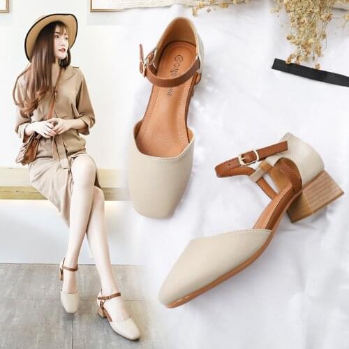 Square close toe chunky heels women sandals side cut out cover heels dress shoes ladies/student party sandales brand wooden heel
