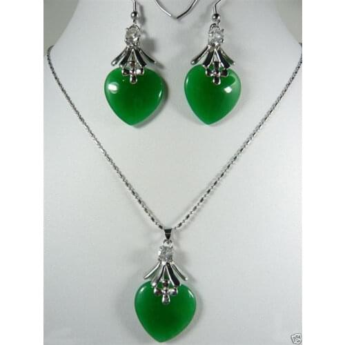 Heart green jade 18KGP pendant earring set ^^^@^ GP style Fine jewe Noble Natural jade fast SHIPPING