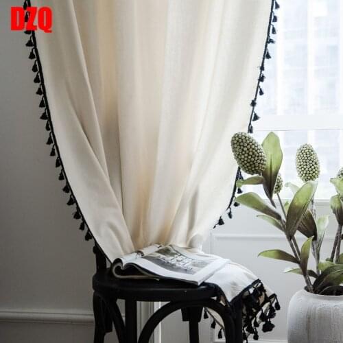 Modern Korea Solid White curtains Black tassel for living room bedroom windows Cotton linen kitchen ready curtain