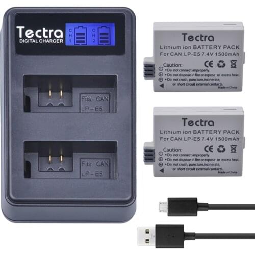 Tectra 2PCS LP-E5 LPE5 Battery + LCD USB Dual Charger for Canon EOS Rebel XS Rebel T1i Rebel XSi 1000D 500D 450D Kiss X3 Kiss