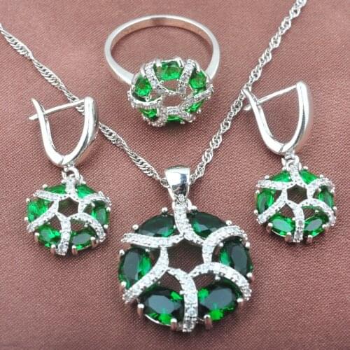 Vintage Green Cubic Zirconia Silver Color 3 Pcs Jewelry Set For Women Crystal Earring Necklace Pendant Ring YZ0442