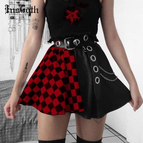 InsGoth Harajuku Y2K Red Plaid Skirt Punk Streetwear High Waist Mini Skirts Goth Grunge Patchwork A Line E Girl Preppy Skirt