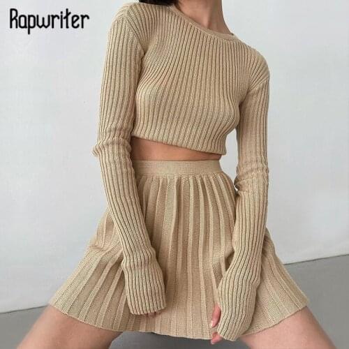 Rapwriter Casual Knitted Women Two Piece Set o Neck Solid Crop Top And High Waist Pleated Midi Skirt Women Skinny Sexy Partywear