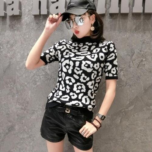 Womens Knit Sweater 2019 New Leopard Knit Bottom Shirt High Neck Short Sleeve Thin Shirt Fashion Wild Leopard Print Top A508