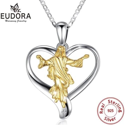 EUDORA 925 Sterling Silver Charms Virgin Mary Pendant god Necklaces Christian Religious Jewelry heart choker for Women D530