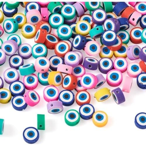 200pcs Handmade Polymer Clay Beads Spacer Bead Flat Round with Eye Colorful for Jewelry Making DIY Bracelet Craft 10.5~11x5mm