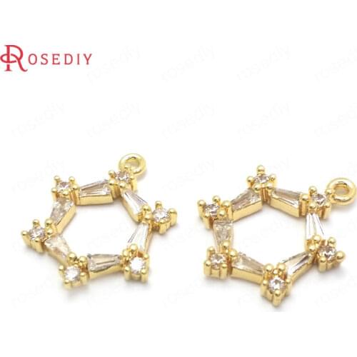 37199)6PCS 19x15MM 24K Gold Color Brass and Zircon Hexagon Charms Pendants High Quality Jewelry Making Supplies Diy Accessories