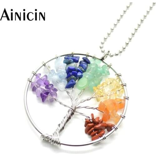 5pcs 7 Chakra Natural Rainbow Stone Hand Twisted Tree of Life Pendant Necklace Copper Charms Leaves For Women Jewelry