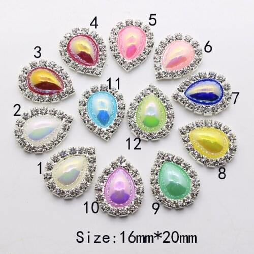 Shining 10pcs 16*20mm DIY silver Water Drop Flat Bottom Rhinestone Buttons AB Pearl Button for Wedding Dress Sewing Decoration
