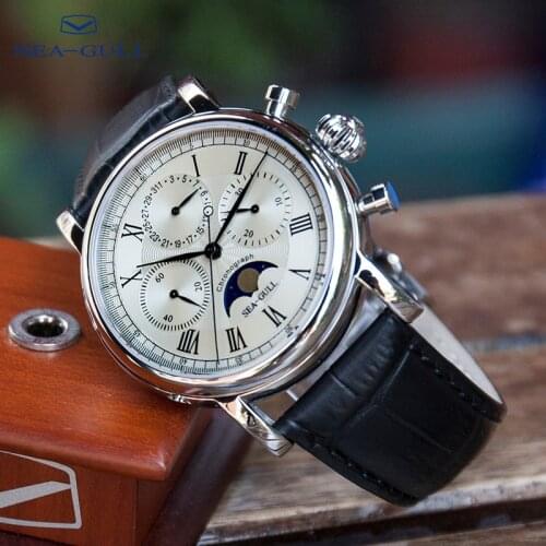 Seagull moon phase watch mens sports and leisure chronograph multi-function belt waterproof manual mechanical watch M199S