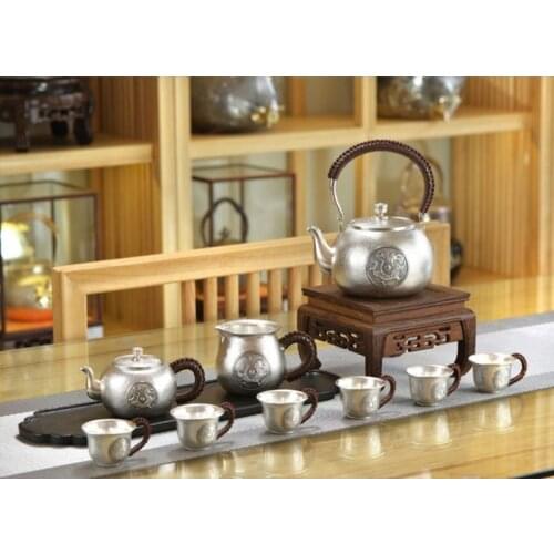 Silver pot 999 sterling silver handmade tea set Japanese retro teapot kettle home tea ceremony Kungfu tea set 600ml