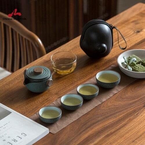 Tea Set Green Ceramic Teapots Gaiwan With 3 Cups A Tea Sets Portable Travel Tea Sets With Travel Bag