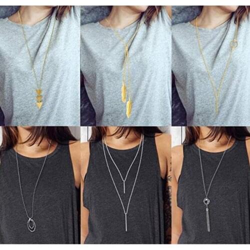 Long Pendant Sweater Necklace 6pcs set package Feather Bar Tassel Circle Triangle pendant silver color gold color plated