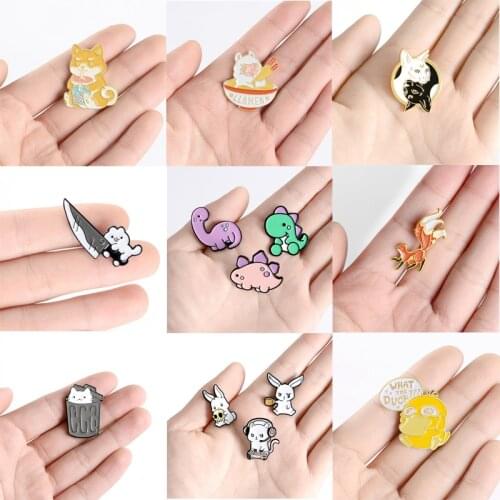 Animal Enamel Pin Custom Cat Dog Pig Duck Rabbit Dinosaur Cartoon Brooches Bag Lapel Pin Cartoon Fun Badge Jewelry Gift